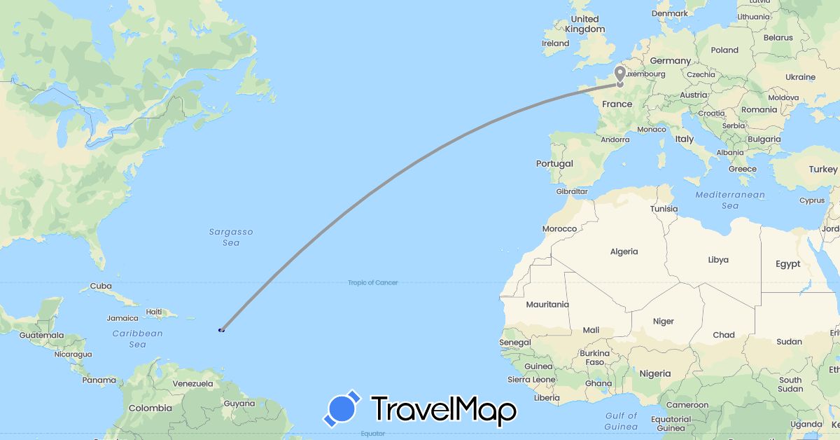 TravelMap itinerary: driving, plane in France, Guadeloupe (Europe, North America)